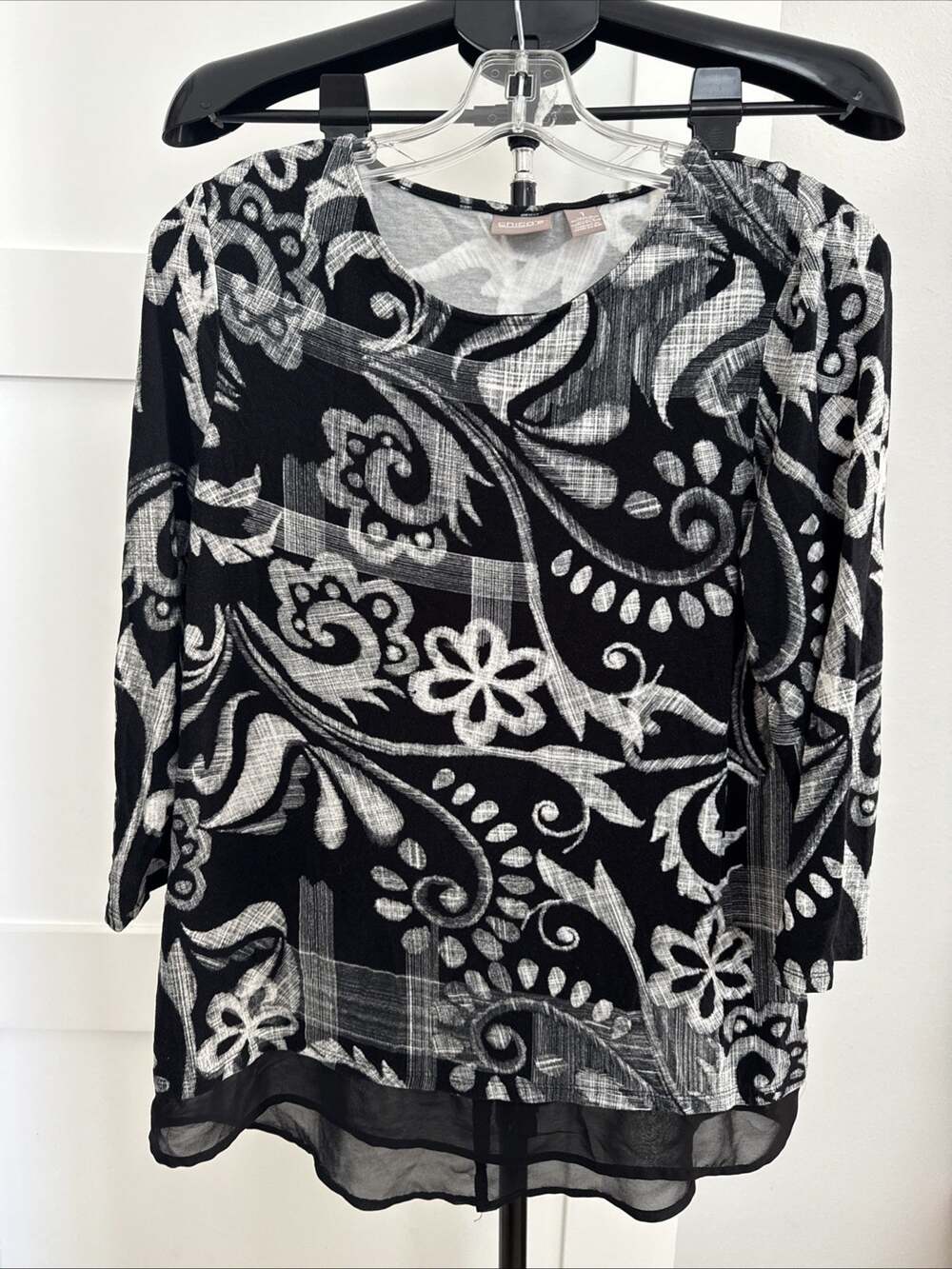 Chico's Paisley Mixed Print Chiffon Hem 3/4 Sleeve Tunic Size 1 (m) Black